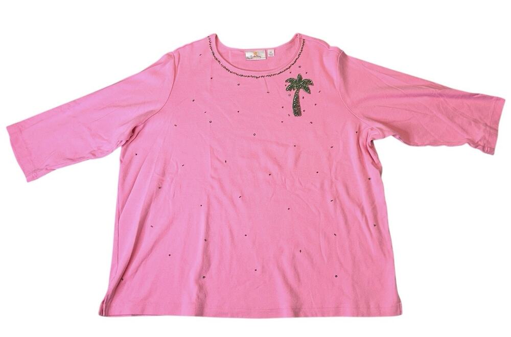 Quacker Factory Embellished 3/4 Sleeve Top 2X Pink Cotton Beaded Palm Tree Slit